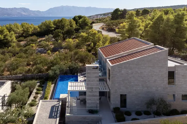 The house, pool and grounds from the air