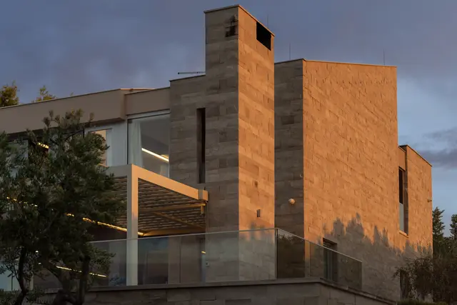 Stone façade in golden light