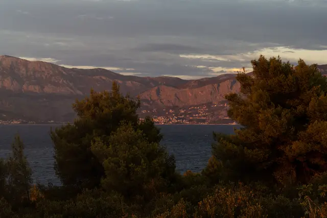 The channel and the mainland at sunset