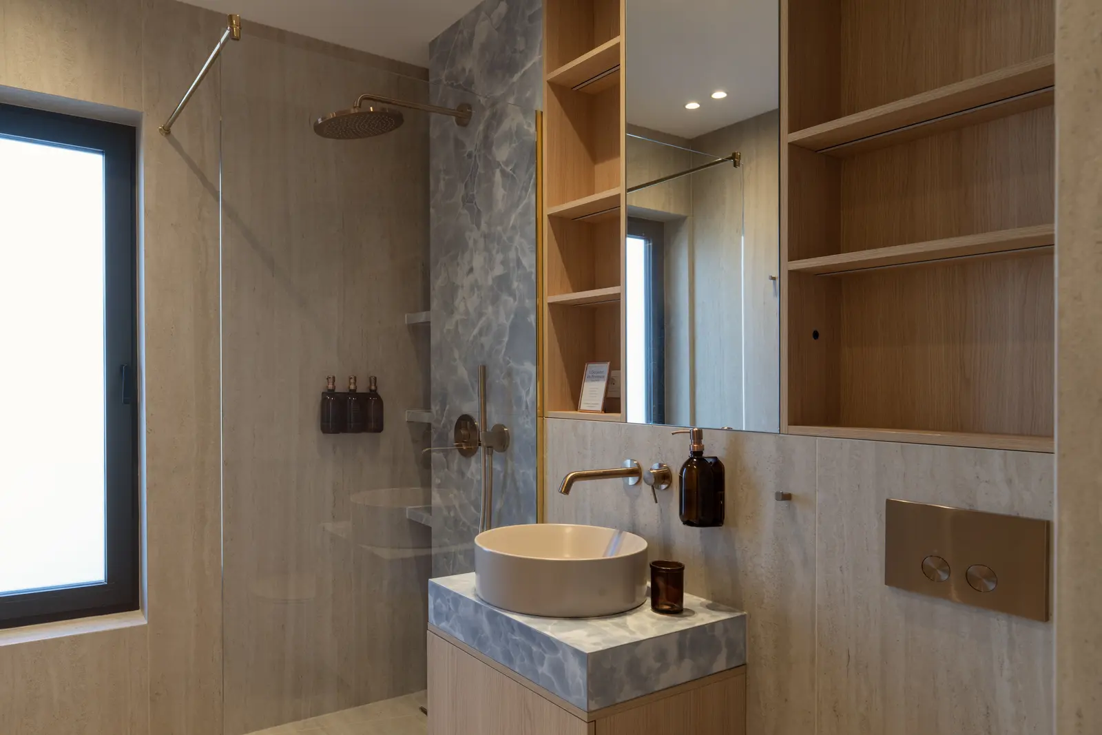 Stone, oak and brass.