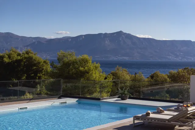 The pool terrace looking across to the mainland mountains